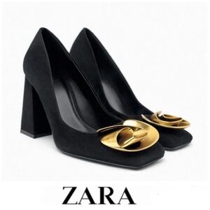 ZARA Black Suede Gold Metal Flower Accent Block Heels Slip On Pumps Sz 39 NEW